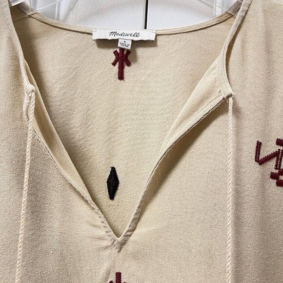 Madewell Embroidered Fringe Top Pom Pom Boho 100% Silk Cream - S - Picture 4 of 14